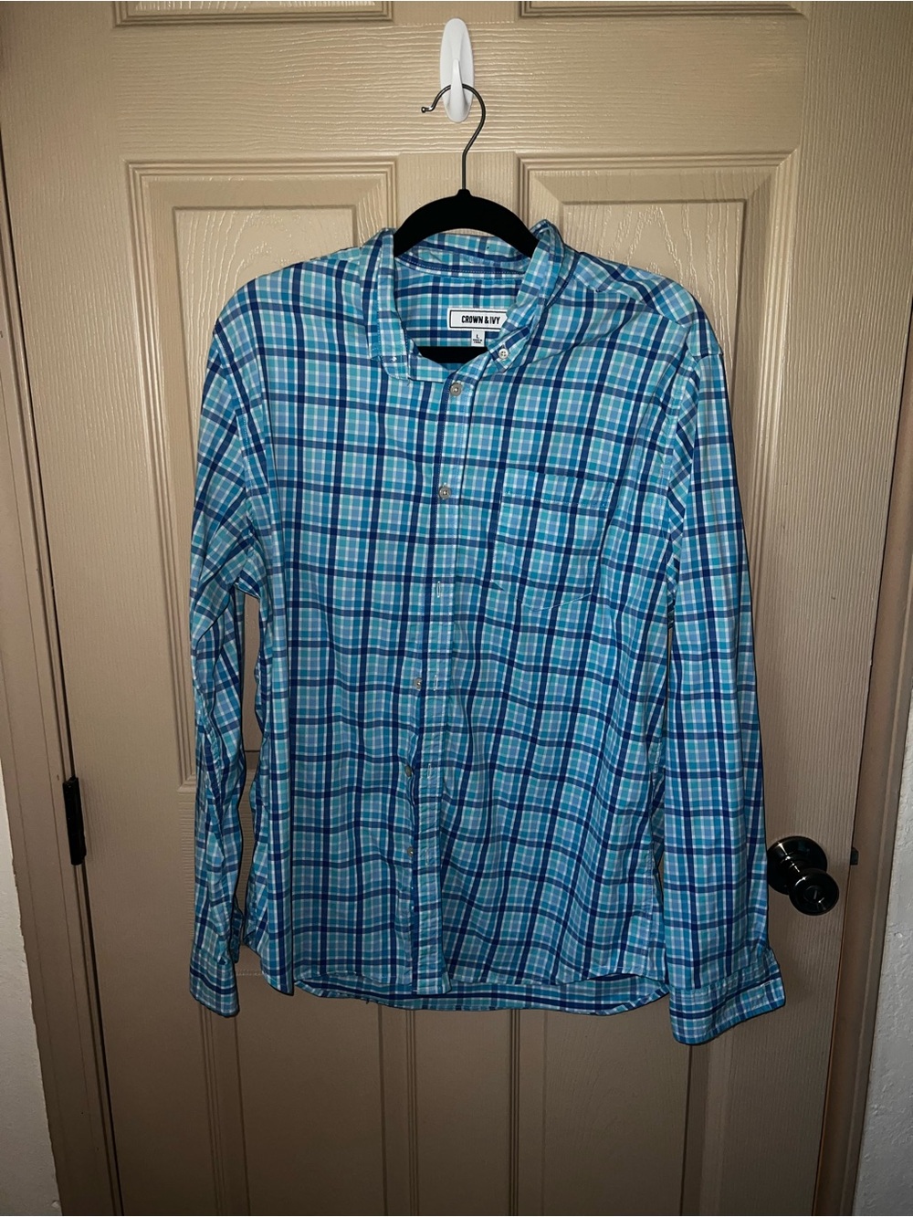 crown & ivy Teal and Navy Plaid Button-Up Shirt